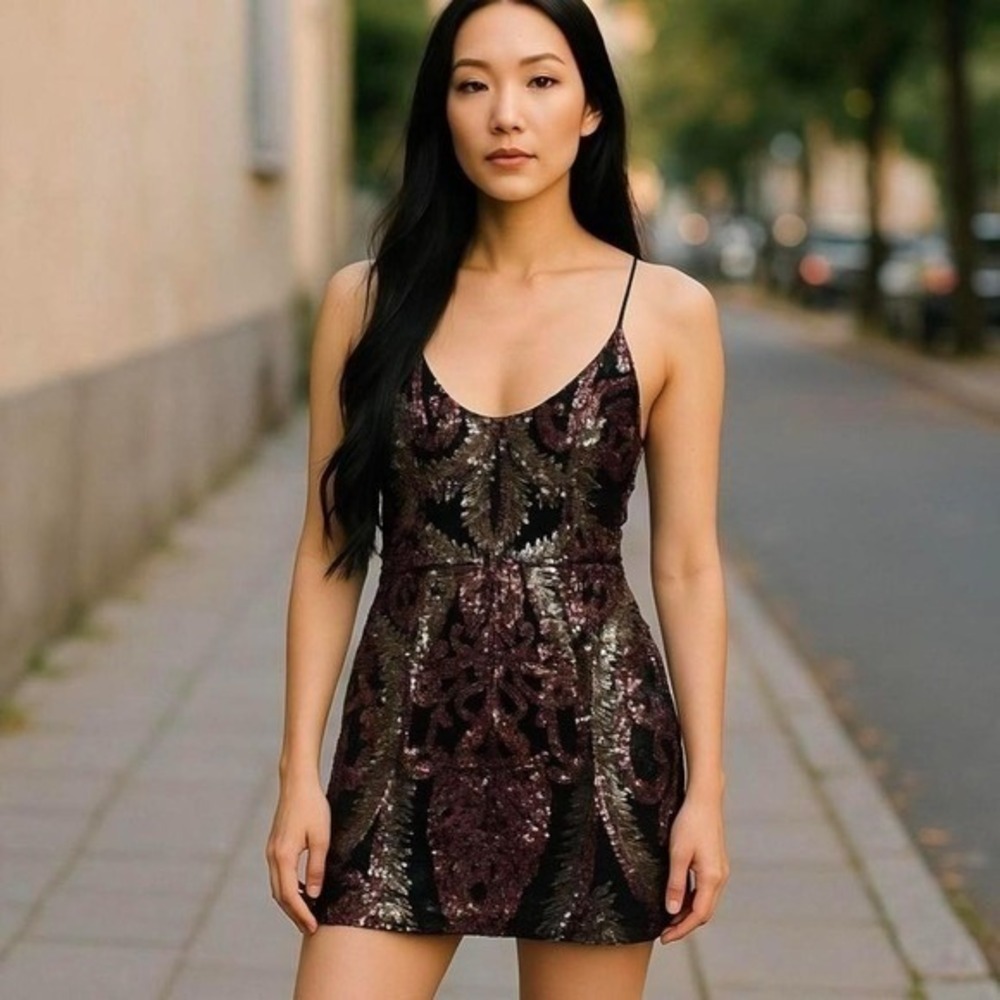 Banjul Burgundy Gold Sequin Mini Dress V-Neck Spaghetti Strap